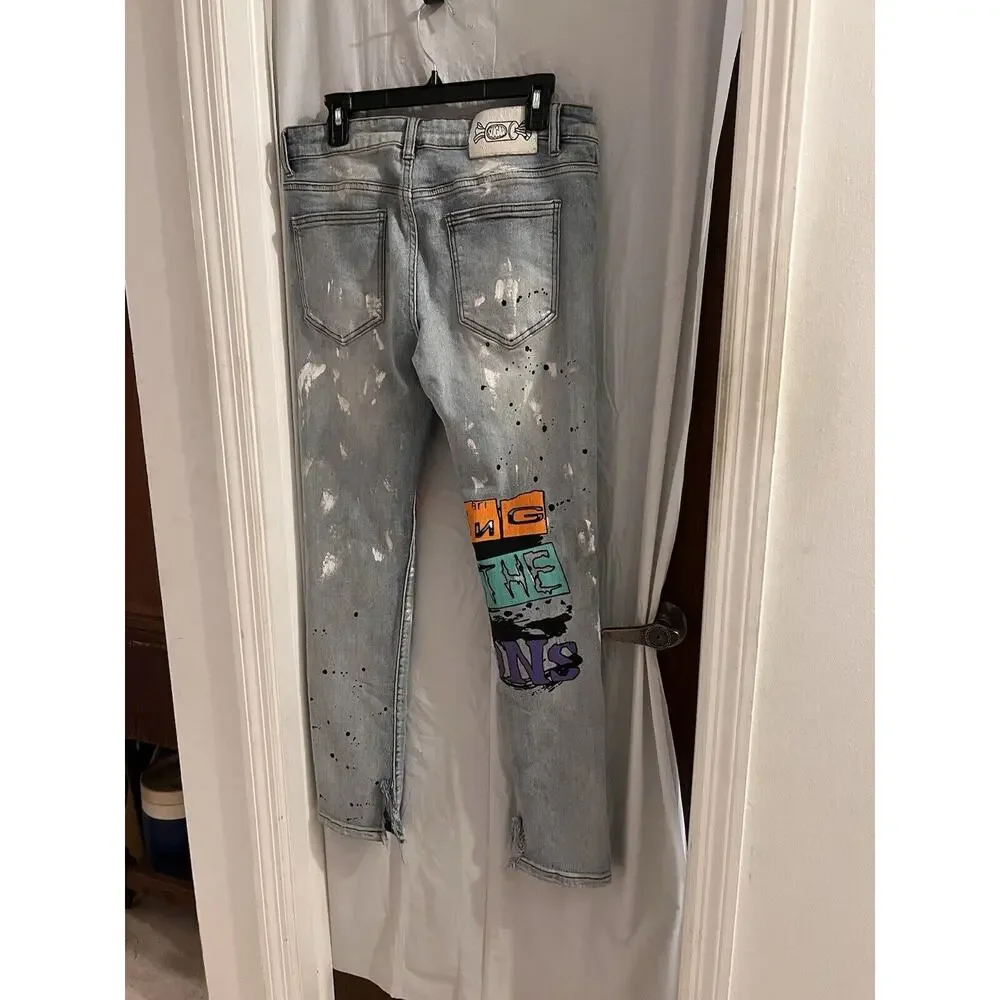 Sugarhill Running From The Demons Men’s Skinny Jeans Paint Splattered Sz 34